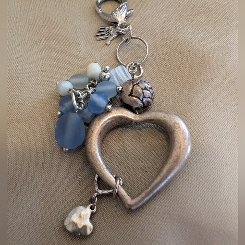 Upcycled Heart Charm Bagclip with Blue Beads